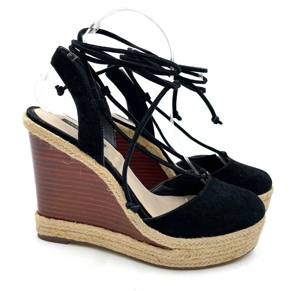 Ava & Aiden Black Wedges Suede Tie‎ Espadrilles Round Toe Ankle Wrap Sz 8